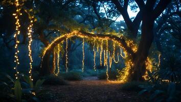 Illuminated Tree Branch Archway with String Lights in Forest Scene photo