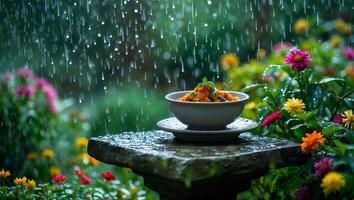 Bowl of Food Sitting on Stone Table in Rainy Garden photo