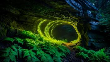Luminous Cave Entrance Surrounded by Lush Ferns Creates Magical Effect photo