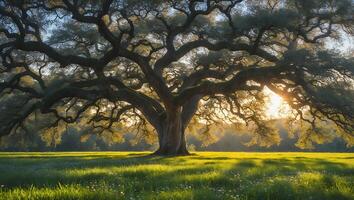 Majestic Oak Tree in a Sunny Meadow at Sunset Time photo