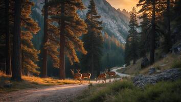 Deer Crossing a Forest Road in Evening Light Mountain Backdrop photo