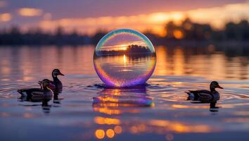 Ducks Swimming Near a Crystal Sphere at Sunset on a Lake photo