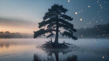 Lone Tree Standing in Misty Water at Dawn Reflecting Serenity photo