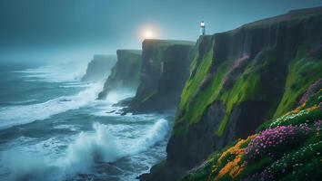 Coastal Cliffs with Lighthouse and Wildflowers Overlooking Breaking Waves photo