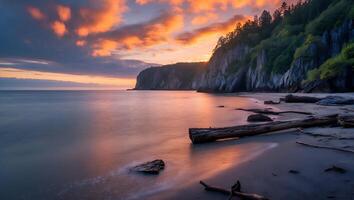 Seascape at Sunset Smooth Ocean Waves Lapping Sandy Shoreline photo