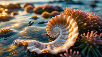 Seashell Resting on the Shoreline with Soft Pink Sea Anemones photo