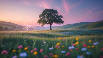 Standing Tree Amidst Floral Field at Colorful Sunset Scenery photo