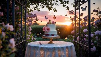 Wedding Cake Display with Butterflies in a Romantic Garden at Sunset photo