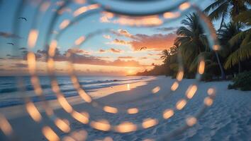 Tropical Beach at Sunset Framed by Circular Bokeh Pattern photo