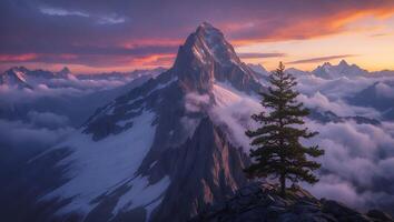 Majestic Mountain Peak and Pine Tree Above Clouds During Sunset photo