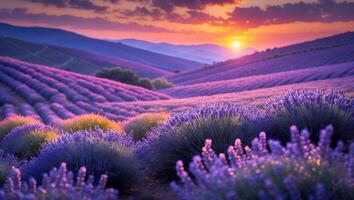 Lavender Field Blooming at Sunset in a Serene Rural Landscape photo