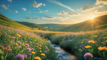 Stream Flowing Through Wildflower Meadow at Sunset with Green Hills photo