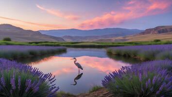 Heron Standing in Lake Surrounded by Lavender at Sunset photo
