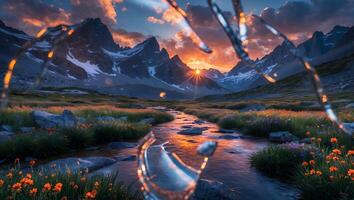 Scenic Mountain Valley Stream at Sunset with Light Refraction Effect photo
