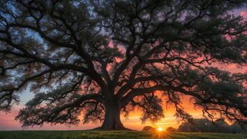 Majestic Oak Tree Silhouette at Sunset with Glowing Horizon photo