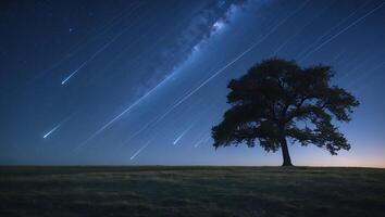 Observing Night Sky with Meteor Shower Over Field and Tree photo