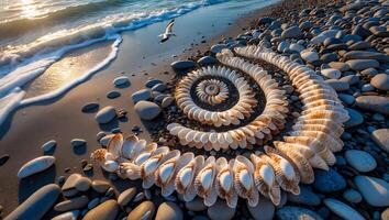 Shell Spiral on Pebble Beach by Ocean Shore with Flying Bird photo