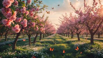 Blooming Orchard with Pink Flowers Butterflies and Warm Sunlight photo