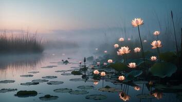 Water Lilies Blooming on Foggy Lake at Dusk with Soft Light photo