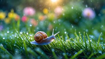 Snail Crawling Through Grass in Rain with Sunlight Background photo