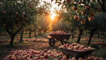 Harvesting Apples in Orchard at Sunset with Wheelbarrow and Fallen Fruit photo
