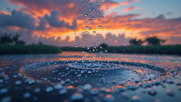 Water Droplets Falling Into Lake at Sunset Creates Rippling Effect photo