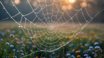 A spider web is covered with dew photo