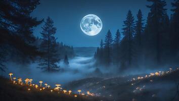 Glowing Mushrooms Under Moonlight in Forest with Foggy Atmosphere photo