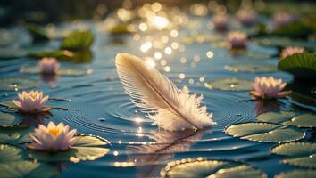 Feather Floating on Pond with Lily Pads and Sunlight photo