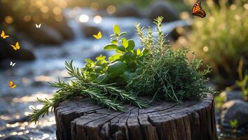 Fresh Herbs Displayed on Wood Stump Near Flowing Stream photo