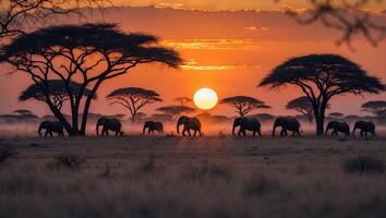 Elephants Walking Across African Savannah at Sunset with Silhouette Trees photo