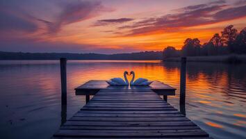 Swans on Dock at Sunset Forming Heart Shape Reflecting in Water photo