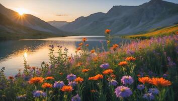 Lake at Sunset with Colorful Wildflowers and Mountain Backdrop photo