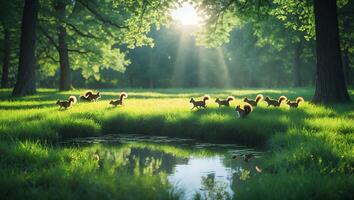 Squirrels Running Across Grassy Field with Pond and Sunlight Beams photo