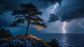 Dramatic Tree on Cliff with Lightning Over the Ocean at Night photo