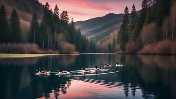Ducks Swimming on Calm Lake Reflecting Forest and Colorful Sky photo