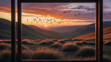 Birds Flying Over Hills at Sunset Seen Through Window Frame photo