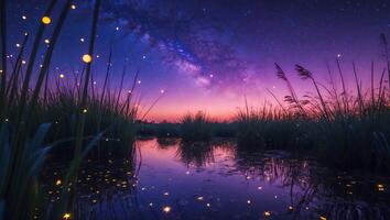 Starry Night Reflection Over Water with Fireflies and Tall Grass photo