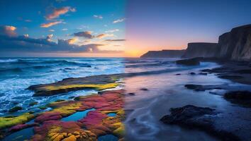 Dramatic Coastal Seascape with Colorful Rocks and Contrasting Day Night photo