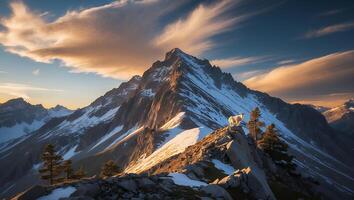 Mountain Goat Standing Atop Snowy Peak with Golden Light Sunrise photo