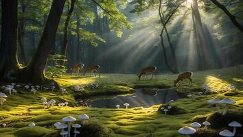 Deer Grazing in Forest Glade with Sunlight and Mossy Ground photo