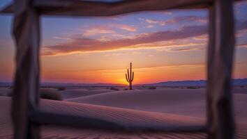 Cactus Silhouette in Desert Sand Dunes at Colorful Sunset Through Frame photo
