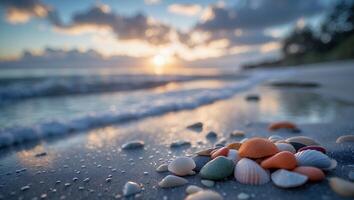 Seashells on Sandy Beach at Sunrise with Gentle Waves Washing Ashore photo