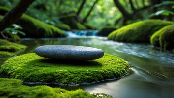 Stone Balance on Mossy Rock in Stream Peaceful Natural Scene photo
