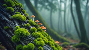 Mushrooms and Moss Growing on Log in Misty Forest Scene photo