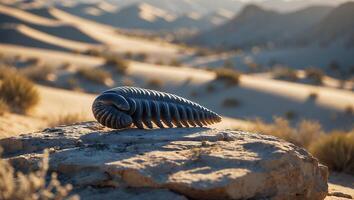 Pill Millipede Resting on Rock with Desert Dune Backdrop photo