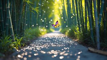 Butterfly Flying in Bamboo Forest Path with Bokeh Sunlight Effect photo