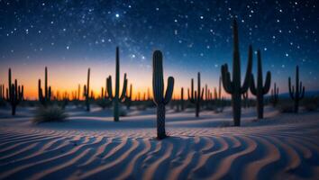 Cactus Field Under Starry Night Sky in Desert Landscape photo