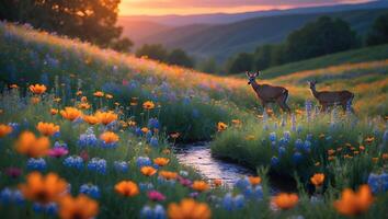 Deer Grazing in Meadow with Wildflowers at Sunset Along Stream photo