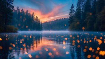 Reflecting Lake Scenery with Forest Trees and Fog at Sunrise photo